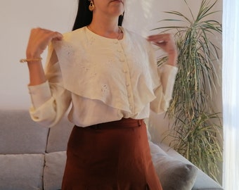 Vintage embroidered sailor collar cream blouse / 80&#39;s oversize collar embroidery button up shirt by Daniel Duval