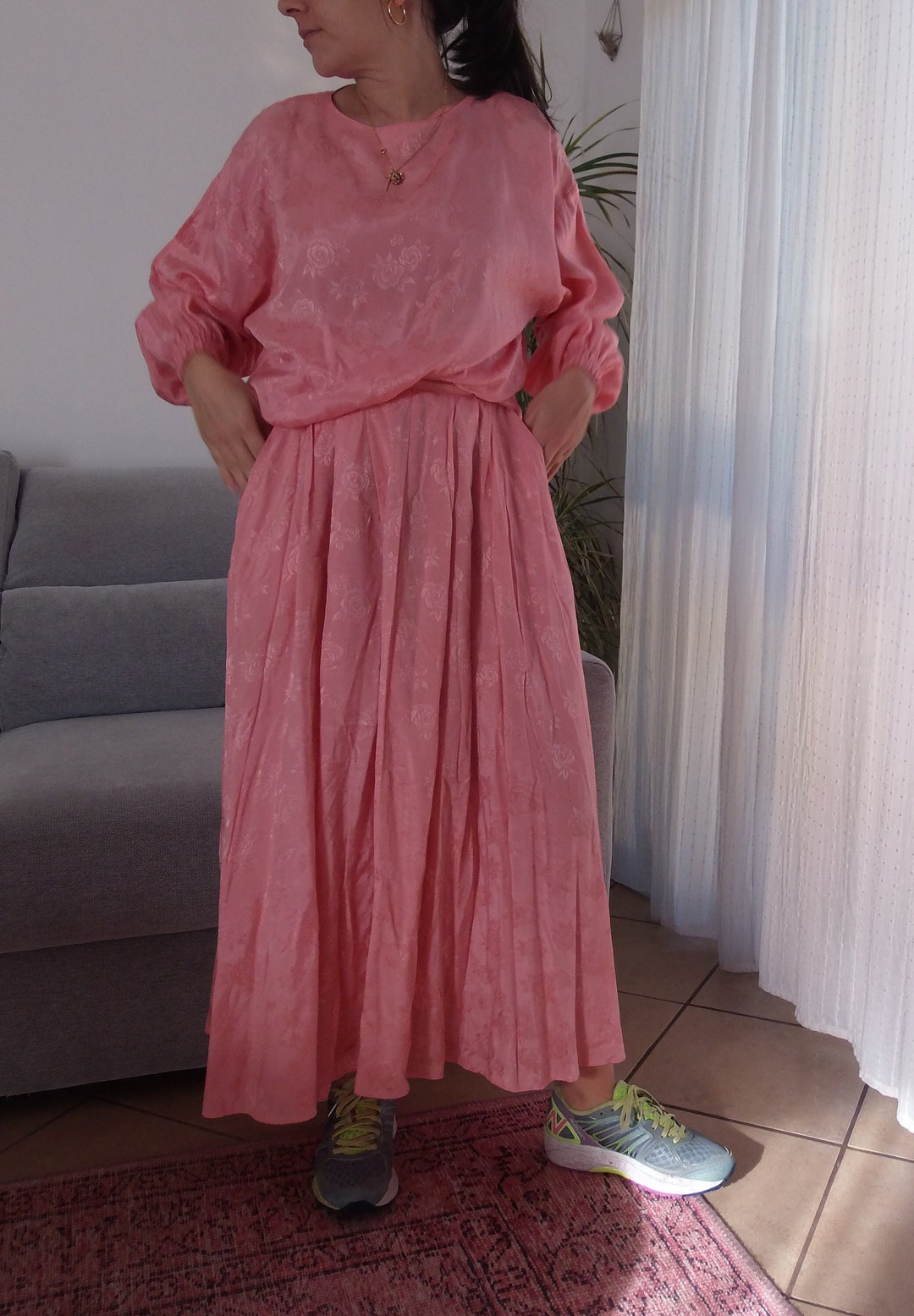 Vintage Bubblegum Pink Skirt and Blouse Matching Set / 80's Two Piece