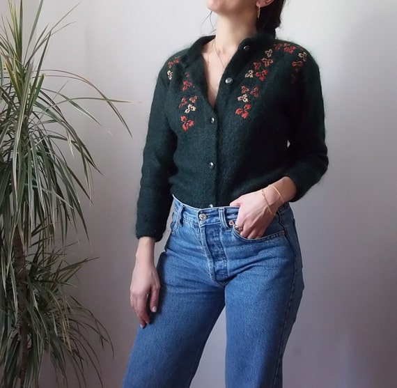Mohair forest green embroidered cardigan / Shrunke