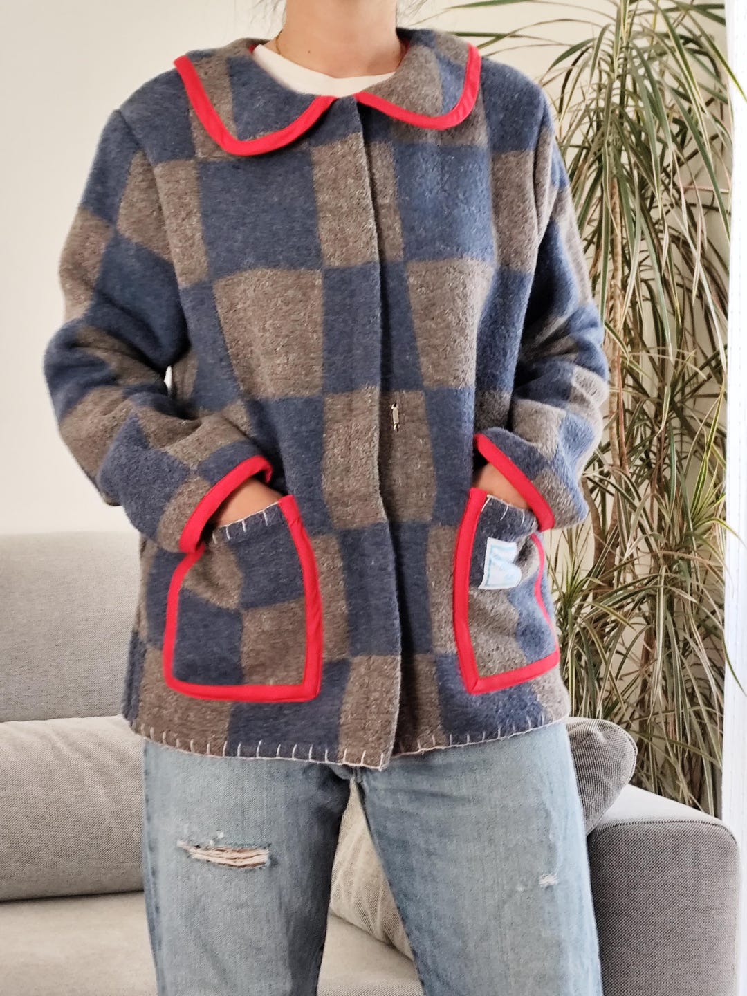 Handmade Check Coat Jacket From Wool Blanket / 80's Grey and Blue