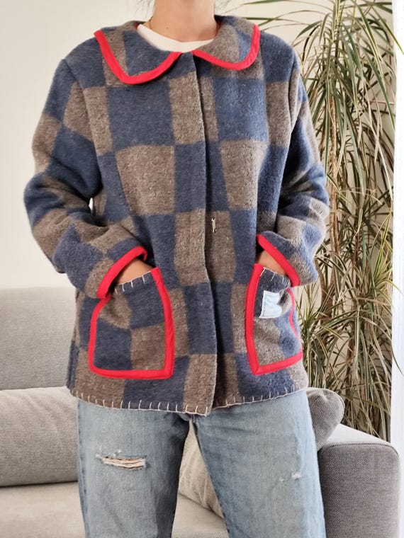 Handmade Check Coat Jacket From Wool Blanket / 80's Grey and Blue