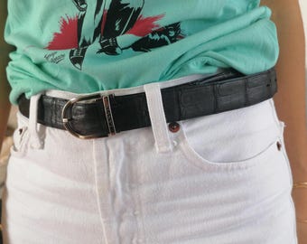 Vintage LANVIN Crocodile Leather Belt, Burgundy Brown, Made in France (Fits 38-42")