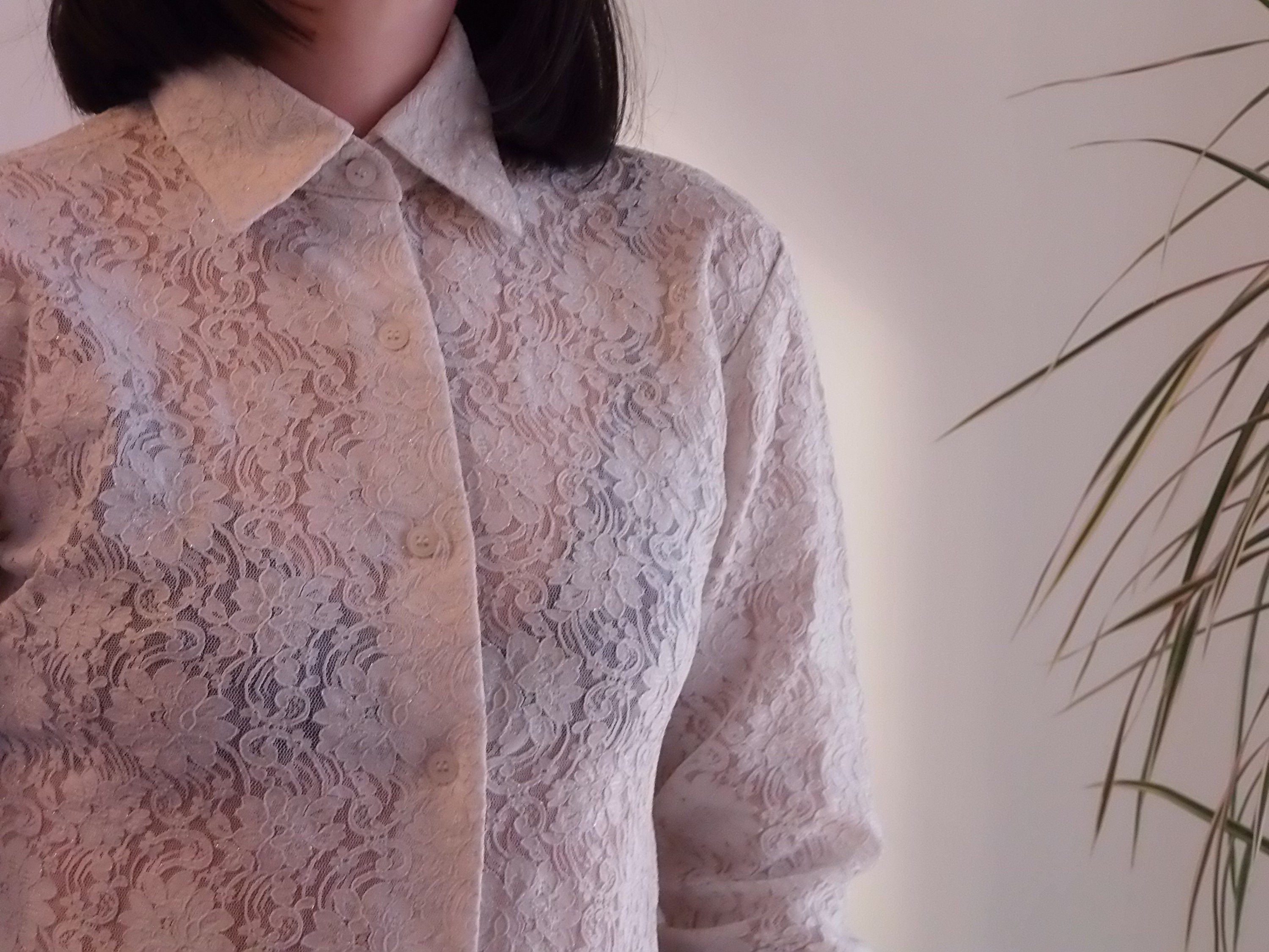 Vintage White Lace Button up Shirt / 90's off White Floral Vintage White Lace Button up Shirt / 90's off White Floral