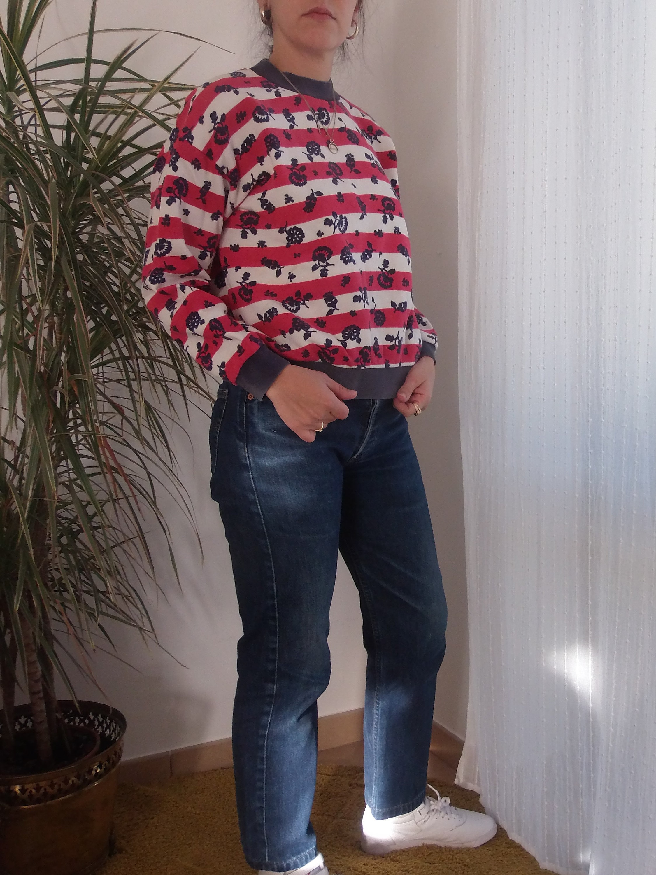 Vintage Benetton Sweatshirt / 80's Striped and Floral