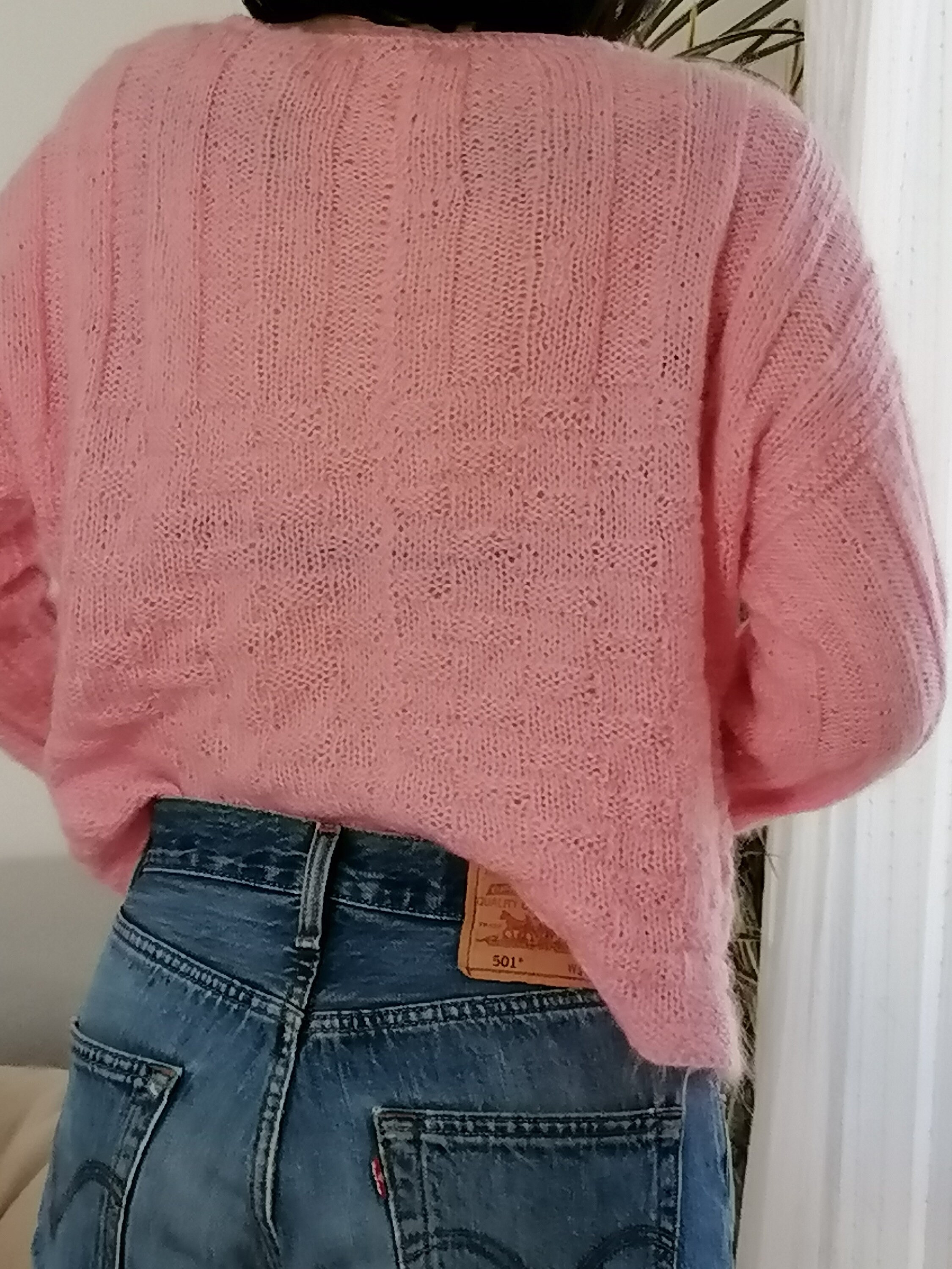 Vintage Mohair Pink Cardigan / 80's Knit Baby Pink Sweater