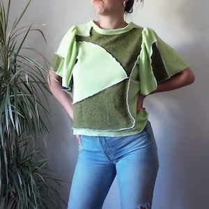 handmade patchwork flowy sleeves neon yellow and green / Sustainable Patchwork T Shirt / Color Block Top Basic / Recycled top