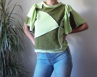 Handmade Patchwork T-Shirt: Flowy Sleeves, Neon Green Recycled Top (S/M)