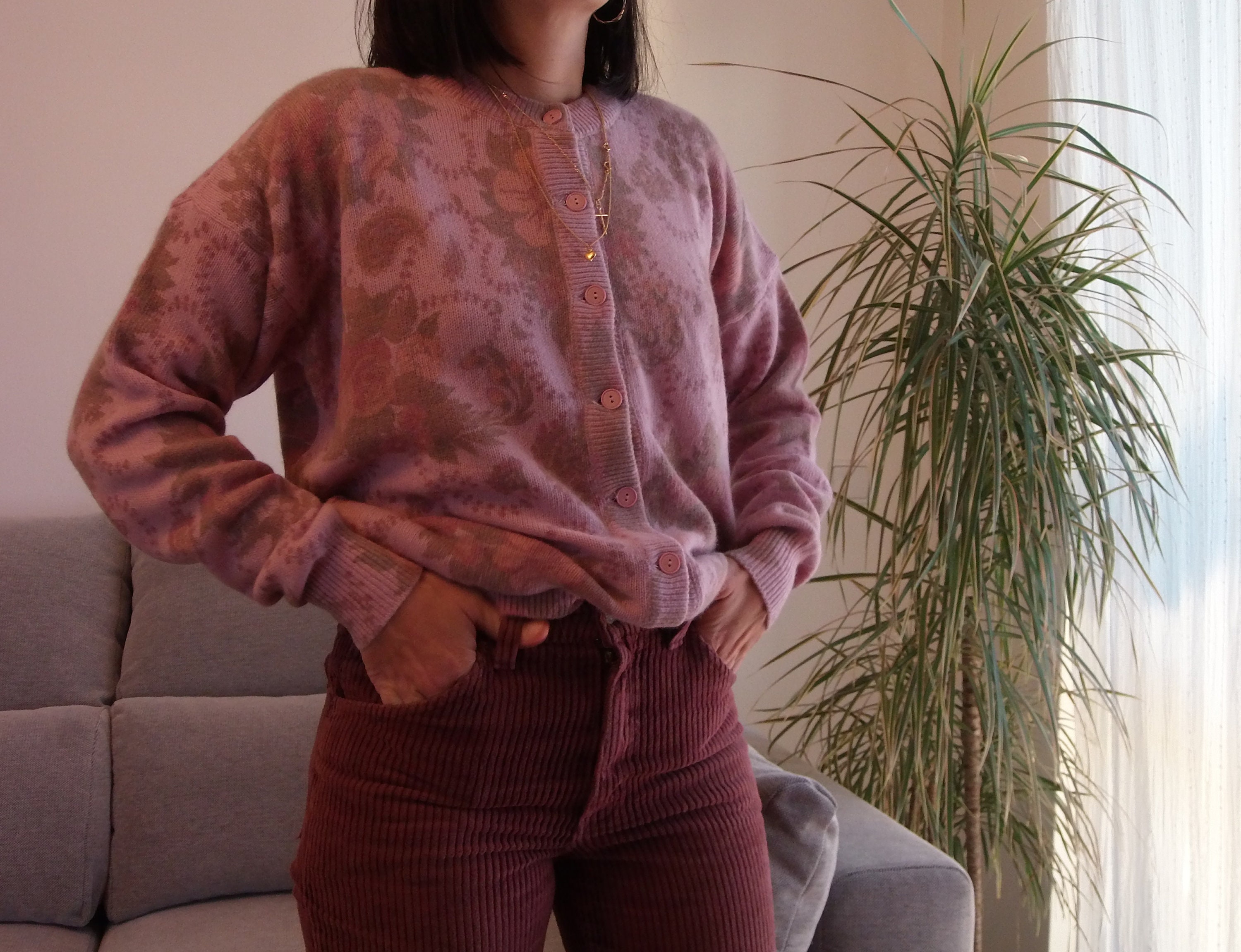 Vintage Angora and Wool Pink Cardigan / 80's Floral Print - Etsy