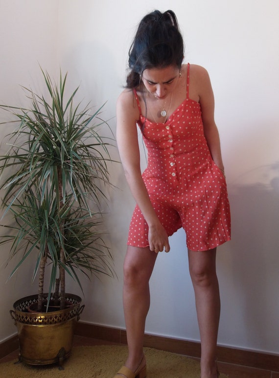 Vintage red romper with printed hearts / Red jump… - image 8