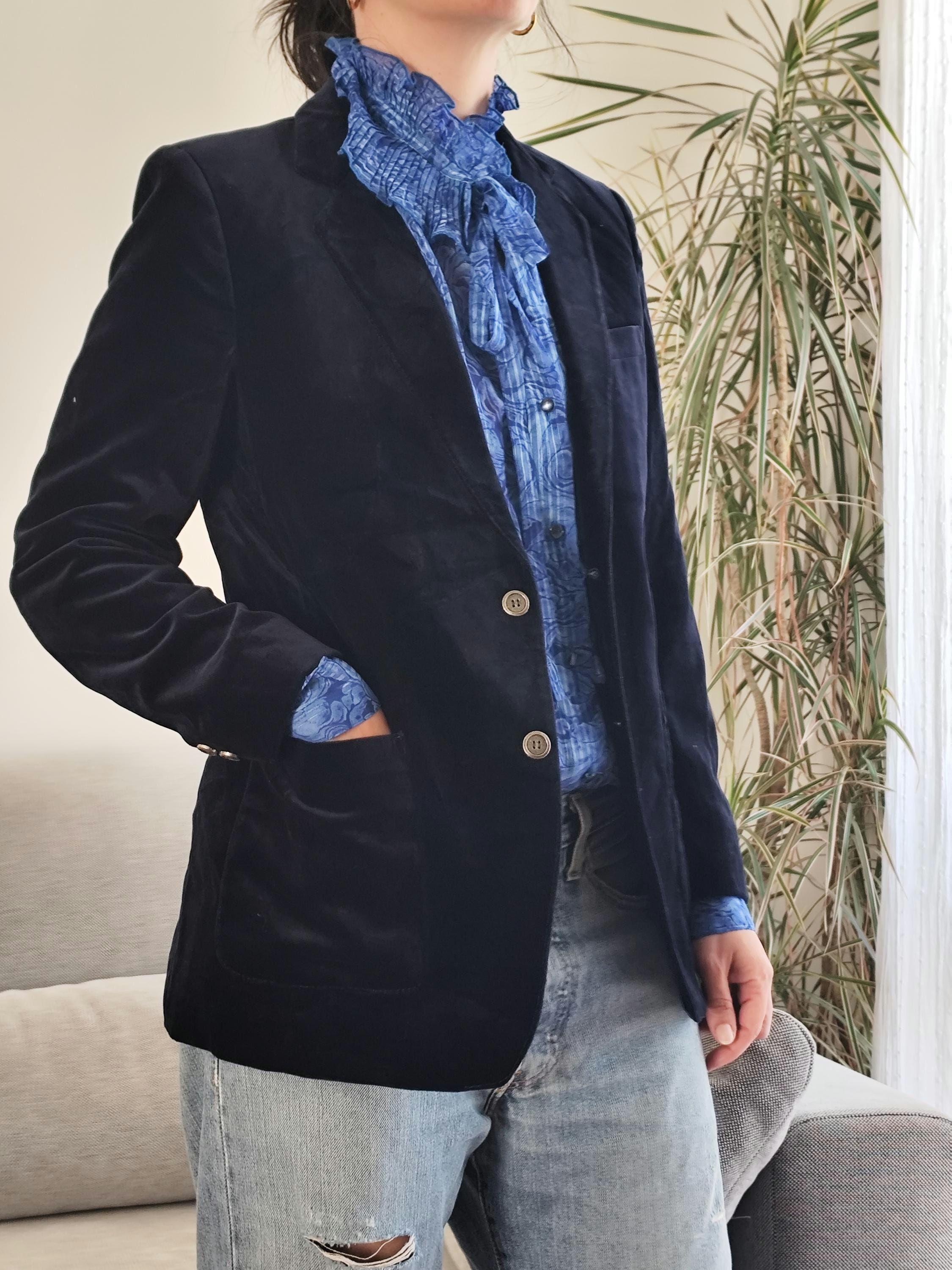 Vintage 100% Cotton Blue Velvet Blazer / 70