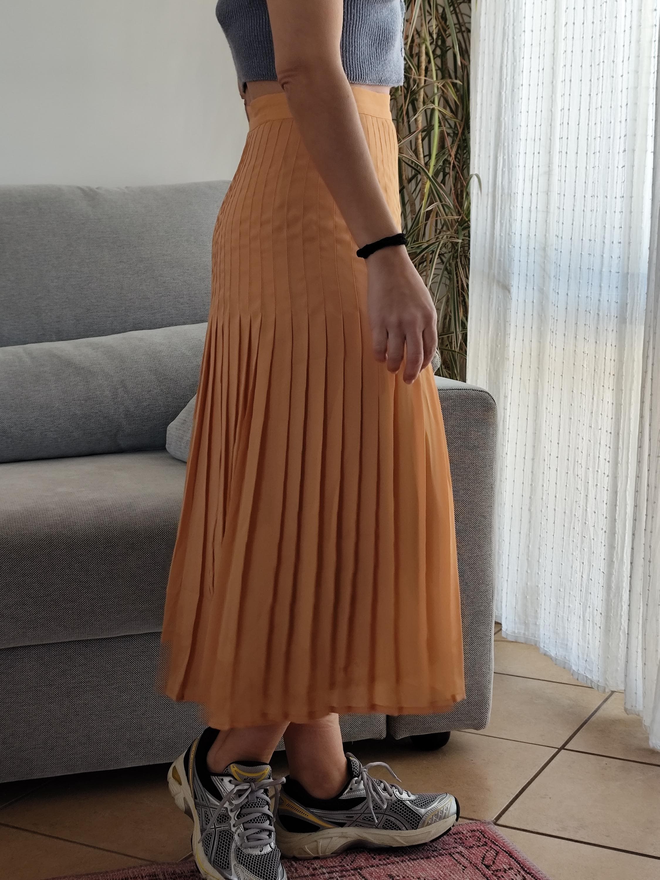 Vintage Tangerine Pleated Skirt/ 90's Orange Coral Midi Skirt With