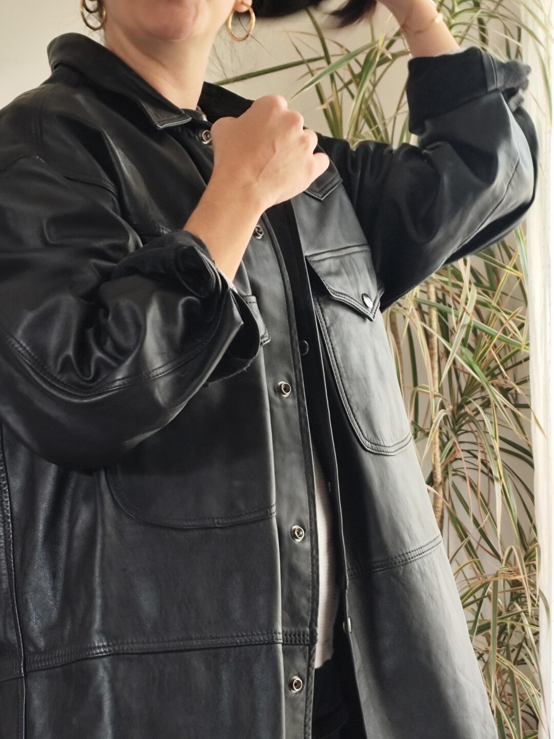 Vintage 100% Leather Black Shirt / 90's Genuine Leather Jacket