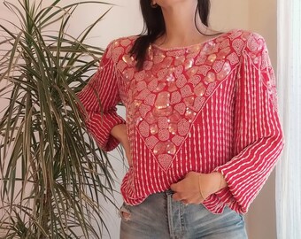 Vintage 100% silk red and pink sequined blouse / 80&#39;s sequins beads silk crop top shirt
