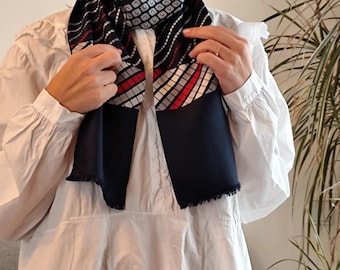 Vintage Carven Silk Scarf, 90s Navy Blue Red White Neckwear