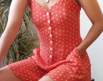 Vintage red romper with printed hearts / Red jumpsuit made in france