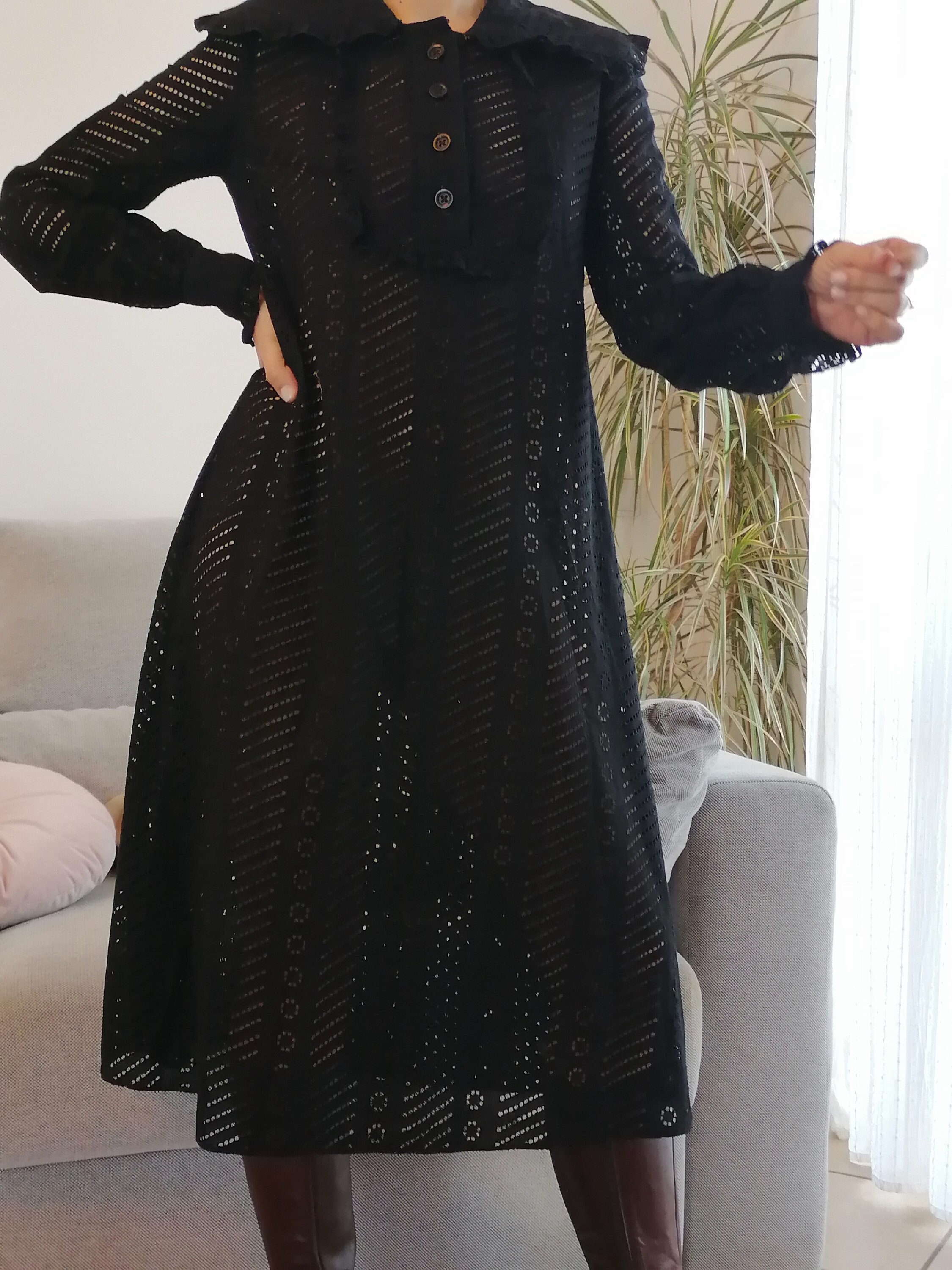 Vintage MARY QUANT GINGER Group Eyelet Black Midi Dress With Big
