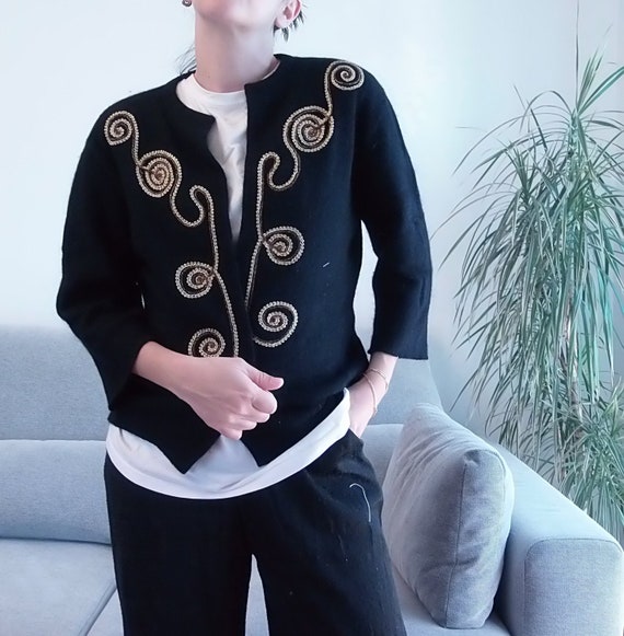 Vintage Angora Black and Gold Cropped Cardigan 80 s Sweater Cardigan With Golden Embellishment Etsy Canada