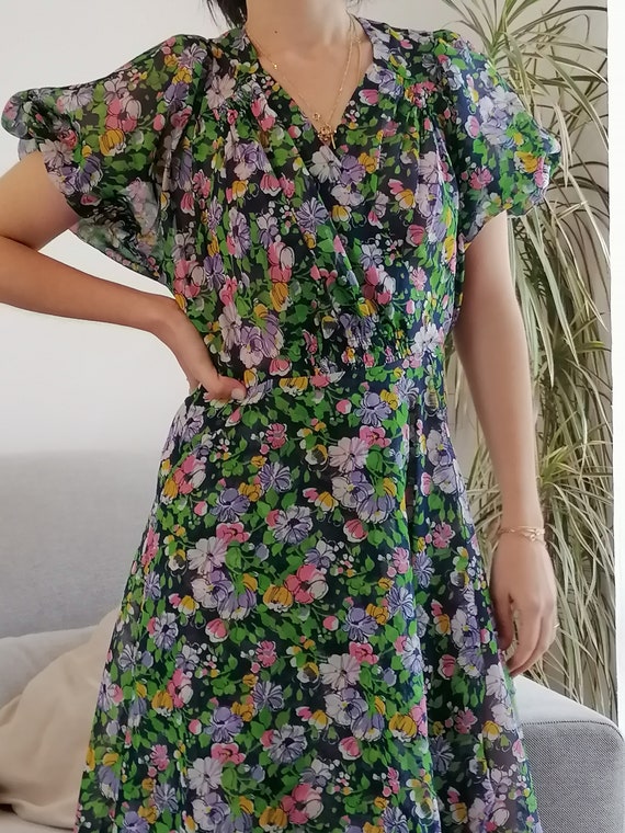 Vintage 70s Floral Wrap Dress, Neon Puffy Sleeve Midi - Etsy Finland