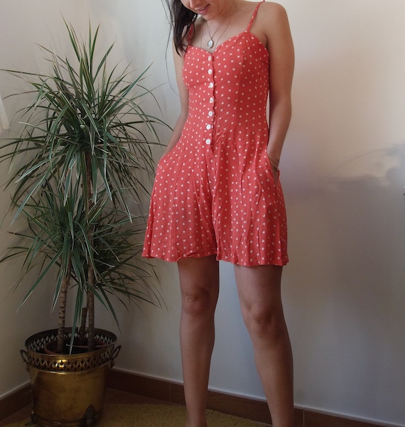 Vintage red romper with printed hearts / Red jump… - image 2