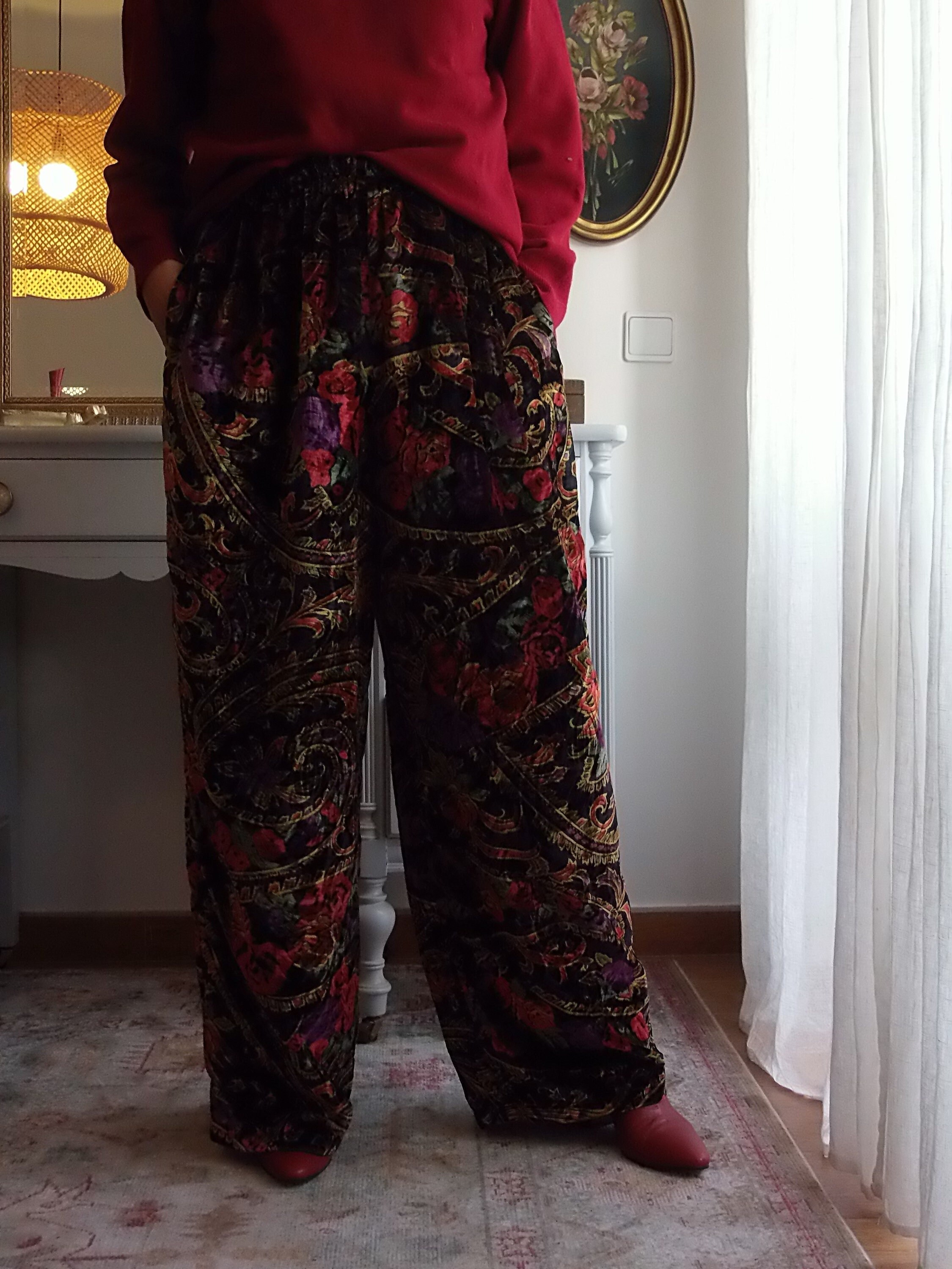 Vintage Velvet Floral Print Wide Leg 
