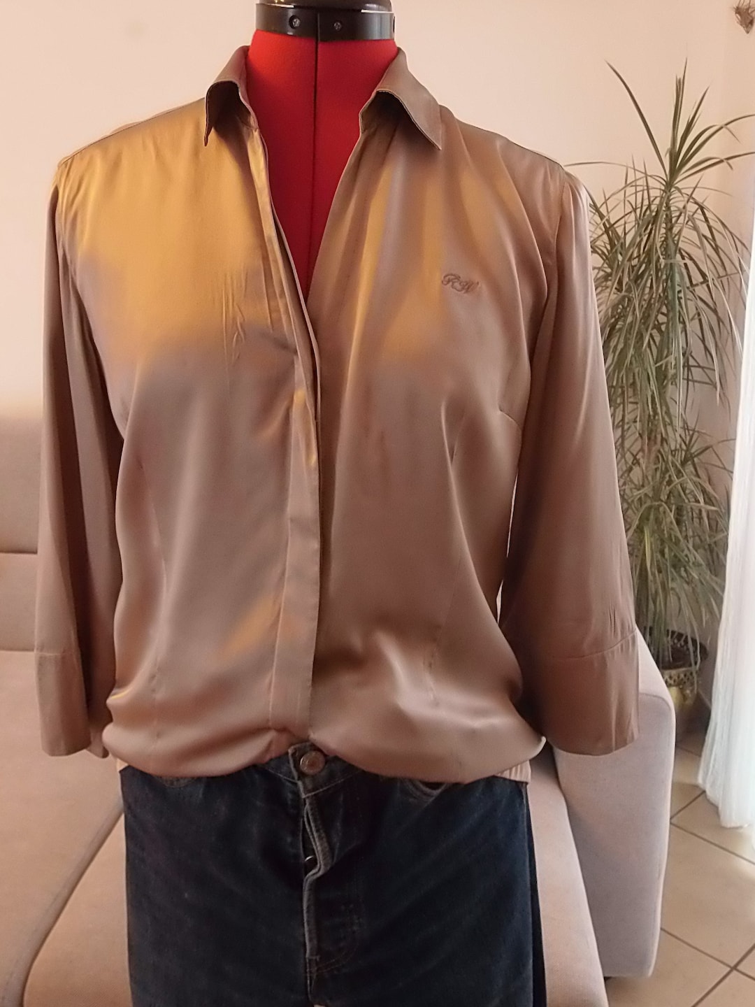 Vintage Multicolour Gold Stripe Silky Button Blouse