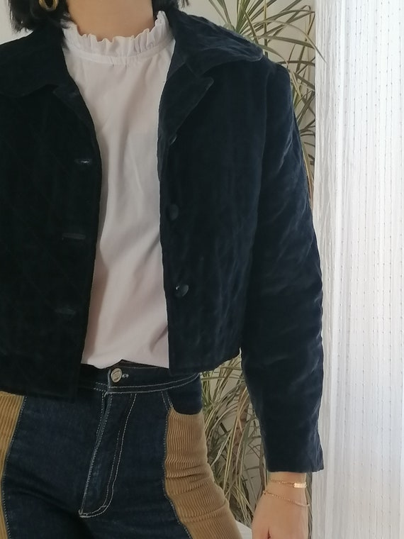 Vintage quilted navy velvet jacket / 80's cropped… - image 9