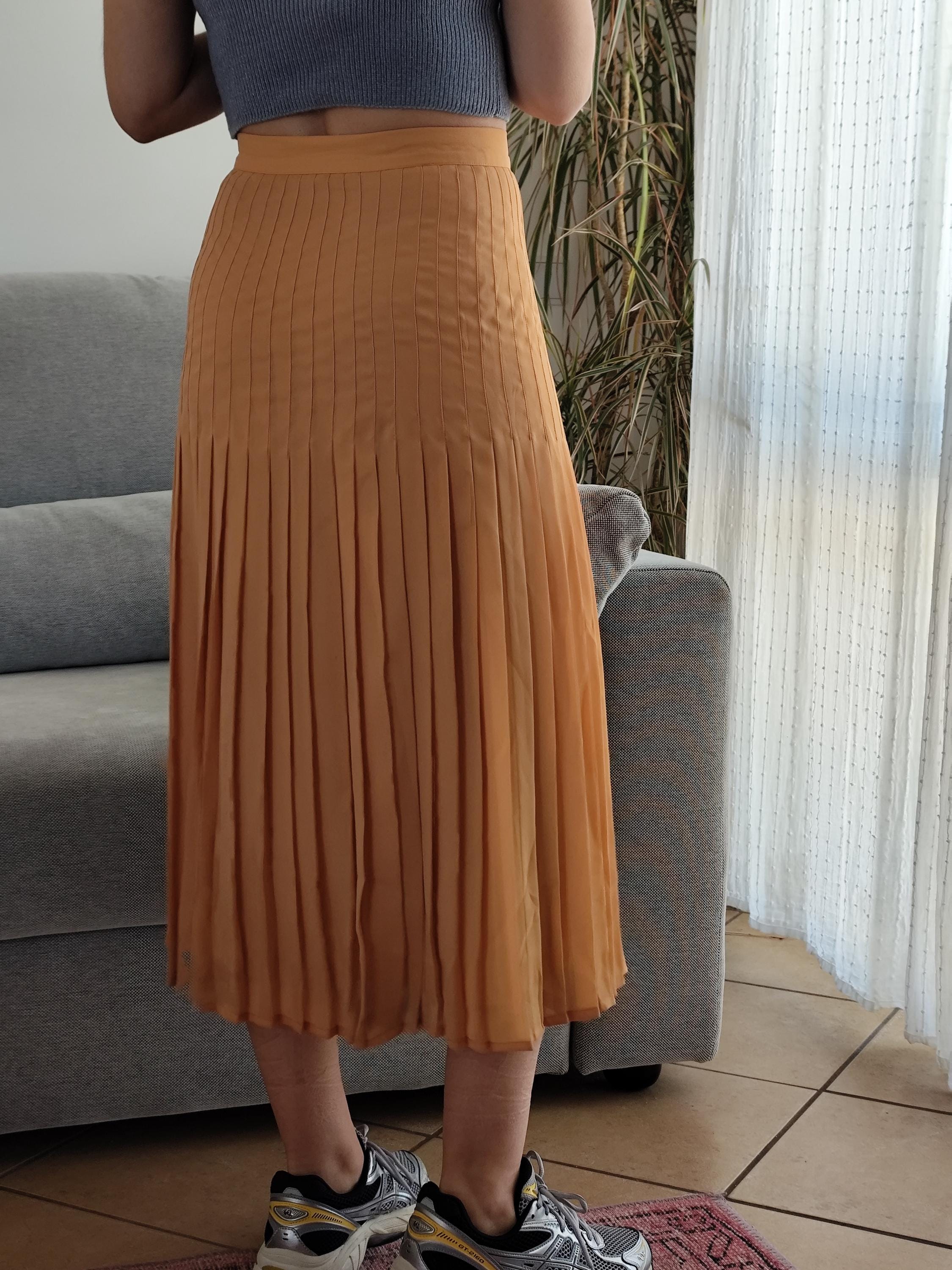 Vintage Tangerine Pleated Skirt/ 90's Orange Coral Midi Skirt With