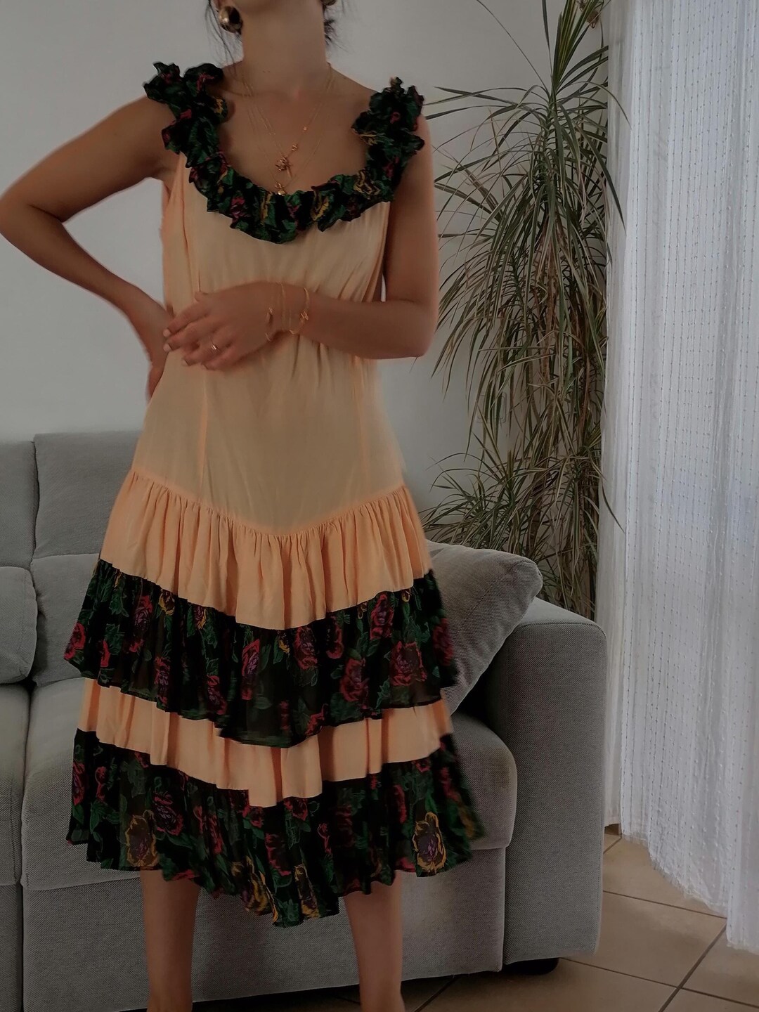 Spanish Ruffles Vintage 80s Spanish Ruffle Dress, Salmon Coral Midi, Fits Like L - Etsy