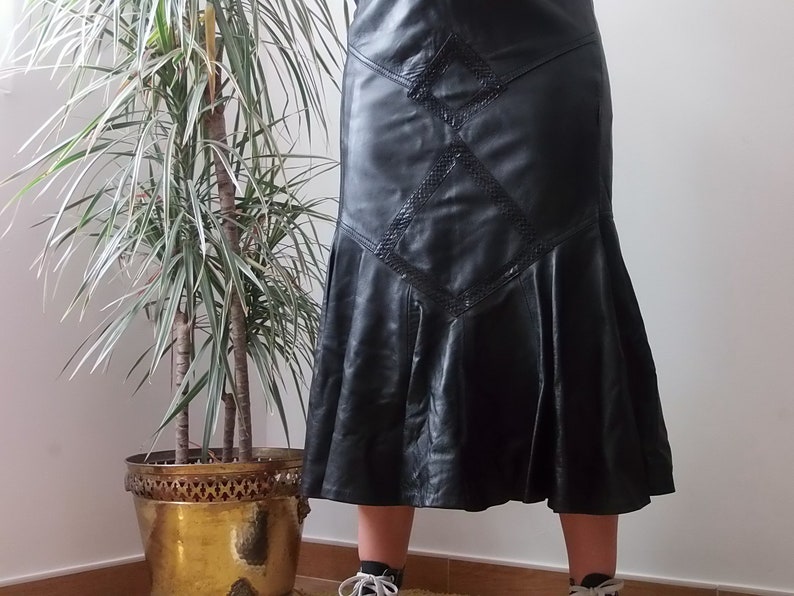 Vintage Black Leather Skirt / 80's Leather Midi Skirt / High Waist Real ...