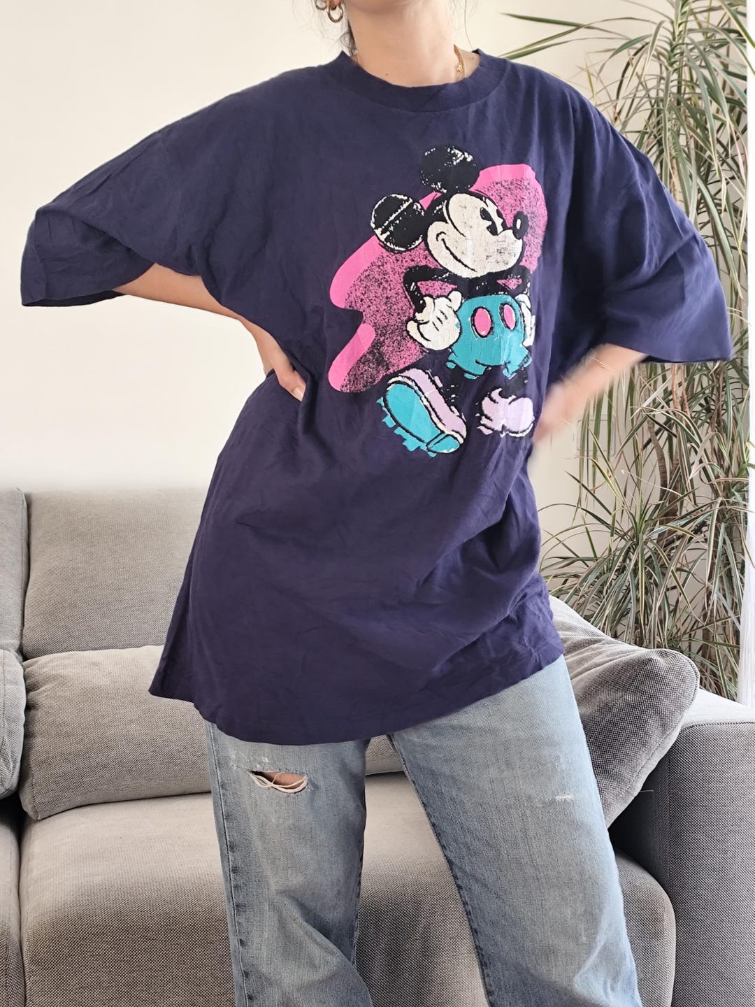 Vintage 80s Mickey Mouse T-shirt, Navy Blue Disney Tee, Made in