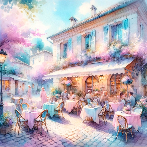 European café set in soft pastel tones, with elegant tablecloths and blooming trees adding to the tranquil atmosphere