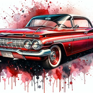 Op de afbeelding: Een felrode oldtimer met een wit dak, chromen bumpers en whitewall banden. Het voertuig heeft een opvallende grille, dubbele koplampen en scherpe achtervinnen. Het kunstwerk bevat rode en zwarte aquarelspatten op de achtergrond.