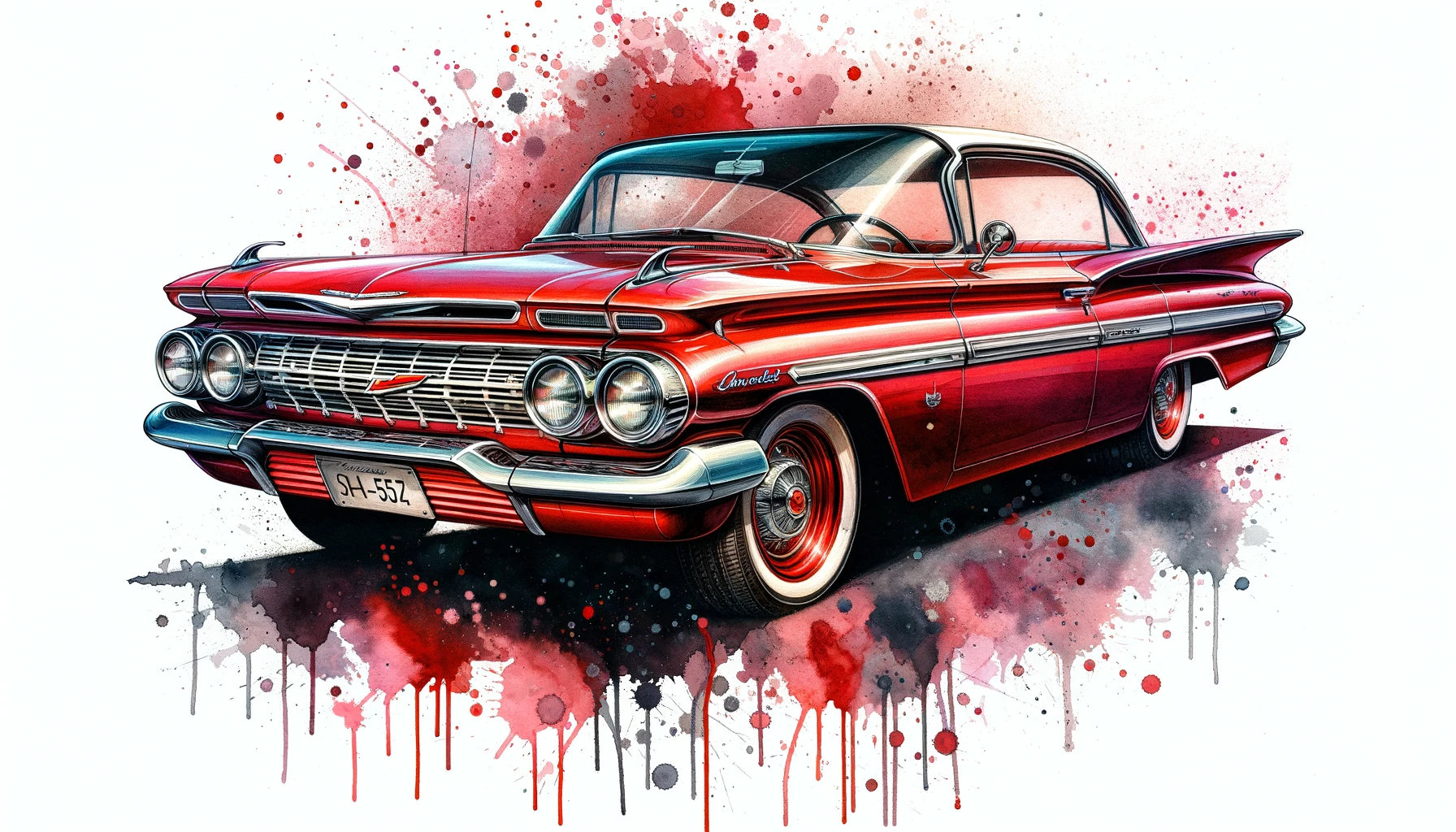 Vintage 1959 Chevrolet Impala Art Print - Cherry Red Watercolor Splash ...