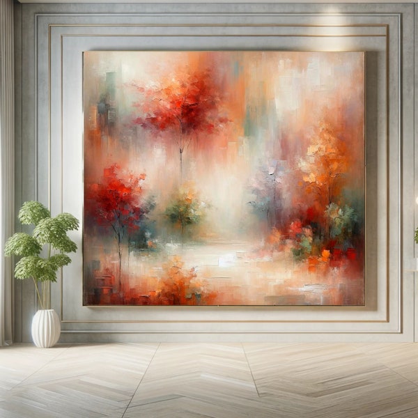 Abstract art, Digital download, Large painting, Dreamy forest, Autumn colors, Artistic expression, High-resolution JPEG, Wall decor