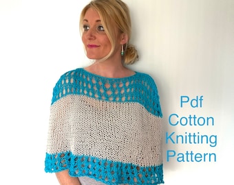 Cotton knitting poncho pattern, lace cape for women, beginner knitting, easy quick knits, knitted clothes diy, pdf lace pattern, shawl knit