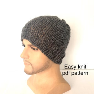 May include: A gray knitted beanie hat with a simple stitch pattern. Easy knit pdf pattern.
