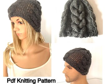 Zopfmuster, Strickmuster, Beanie Mütze Strickmuster, Strickmuster, Irische Strickmuster, PDF Anleitung, pdf Anleitung Aran grau unisex Teenager