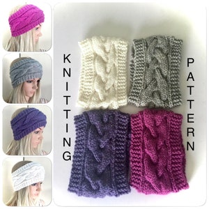 May include: Four knitted headbands in different colors: white, gray, purple, and pink. The headbands have a cable knit pattern. The text "Knitting Pattern" is written vertically on the right side of the image.