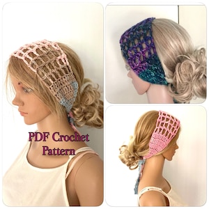 May include: Three crochet headbands in different colors: pink, purple, and blue. The headbands are made with a simple, open-stitch pattern.  PDF Crochet Pattern.