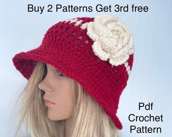 Cloche with Flower Hat Pattern, bucket hat Pdf hat US terms, beginner modern easy quick beginner beanie caps diy learn to crochet knit hat