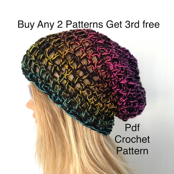 Hippy Boho Hat pattern PDF Slouch crochet beanie  pattern, digital download, dread pattern tutorial,US terms beginner, rainbow crochet diy