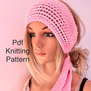 May include: A pink knitted headband with a lattice design and long ties. The text "Pdf Knitting Pattern" is displayed on the left side of the image. The headband is shown on a mannequin.
