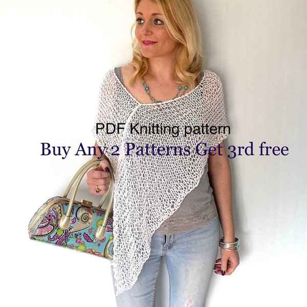 Summer knitting pattern, poncho knitting pattern, pdf instant download, easy beginner knitting quick, cape wrap knit diy pattern cotton knit