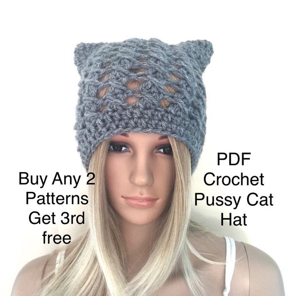 Cat Ear Hat pattern, Crochet pussy hat pattern, women beanie cat ear pattern pdf, US TERMS , modern easy quick crochet, beginner hats teen
