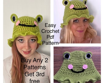 Frog bucket hat patten US terms, froggy pattern cloche fun hat pattern, women summer cotton pattern pdf, modern easy quick beginner crochet