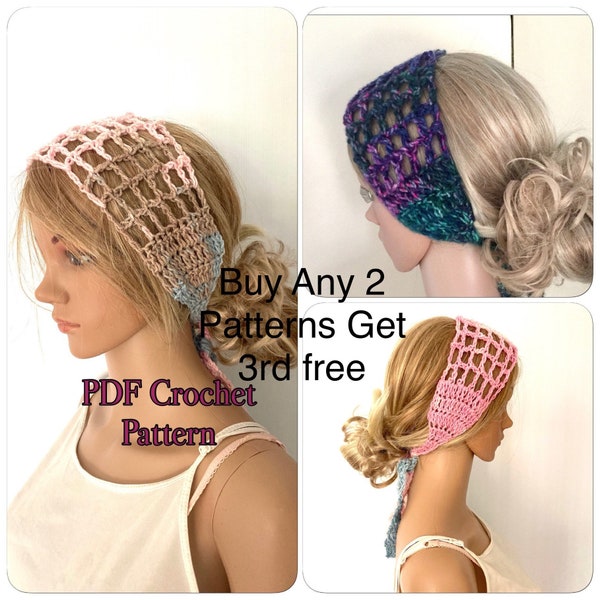 PDF Crochet headband pattern, mesh bandana pattern, hippy crochet pattern, dread headband pattern, summer lace headbands diy, easy crochet