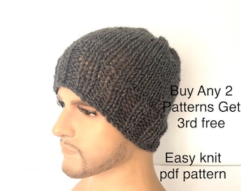 Easy knit beanie hat pattern, pdf beginner hat, knit pattern diy, hat pattern knitting pattern, pdf men man knit gift Aran Irish grey