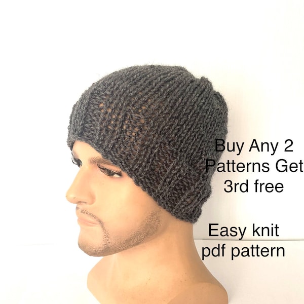 Easy knit beanie hat pattern, pdf beginner hat, knit pattern diy, hat pattern knitting pattern, pdf men man knit gift Aran Irish grey