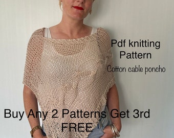 Summer knitting pattern, poncho cable knitting pattern, pdf download, easy beginner knitting quick, cape wrap knit diy pattern cotton knit