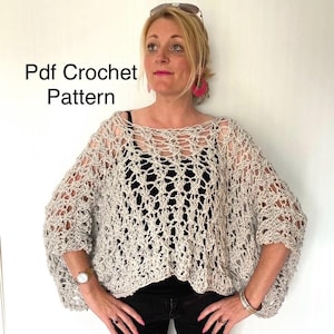 女性用クロッシェ編み図、クロップトップ（PDF形式）、ウールレースセーター編み図、初心者向け簡単オーバーサイズ編み図、夏用クイック編み図